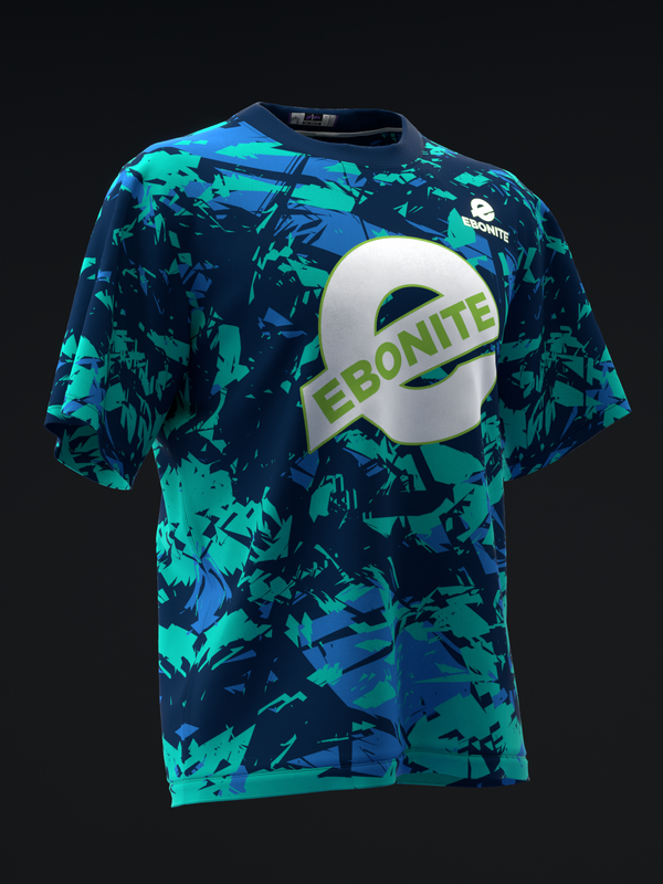 Bowling jersey with turquoise and navy abstract geometric pattern and Ebonite logo