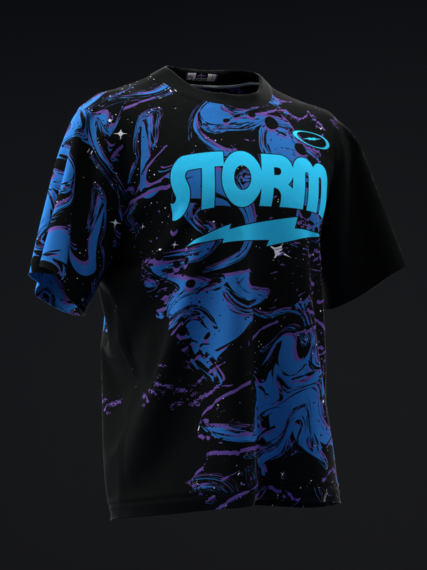 Black bowling jersey with cyan Storm text and blue abstract marble graphic pattern