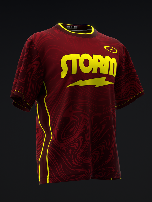 Red bowling jersey with yellow Storm logo and lightning bolt graphic, front view