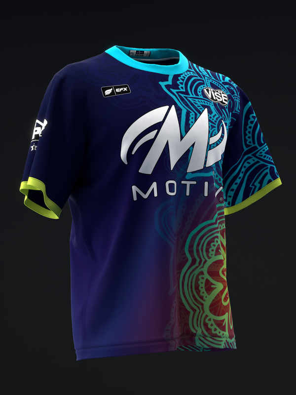 Navy bowling jersey with cyan trim, white M Motion logo, and turquoise ornamental pattern on right side