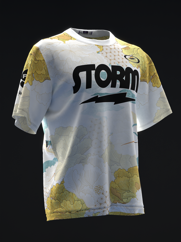 White bowling jersey with yellow floral pattern and Storm logo front view