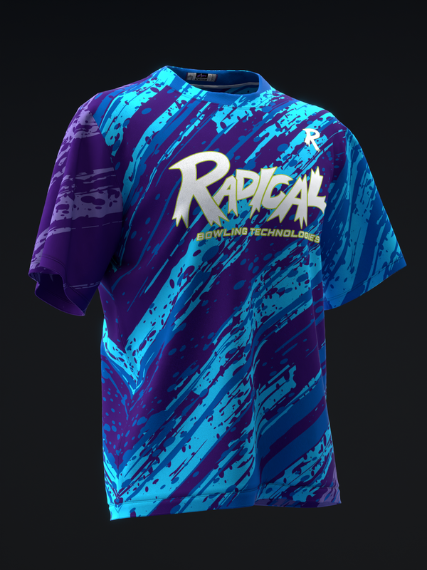 Purple and cyan bowling jersey with diagonal striped pattern and Radical logo
