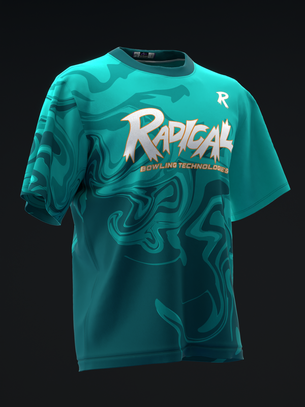 Teal bowling jersey with abstract swirl pattern and Radical Bowling Technologies logo