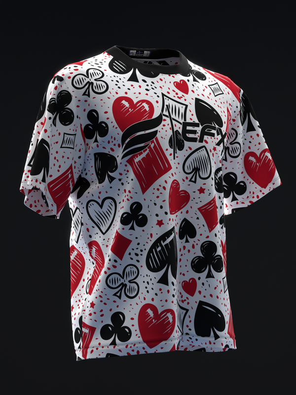 White bowling jersey with red and black playing card suits pattern throughout