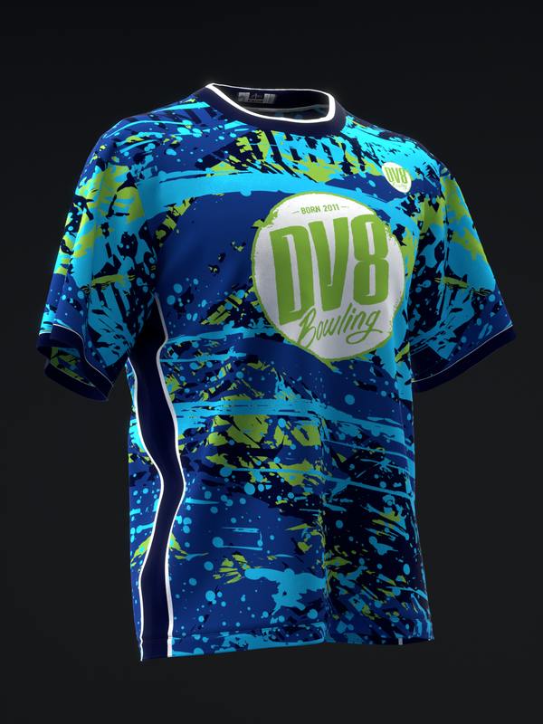 Front view of short-sleeve bowling jersey with cyan, blue, lime, and navy splatter pattern design