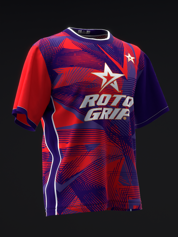 Red and navy bowling jersey with star graphic and geometric striped pattern, front view