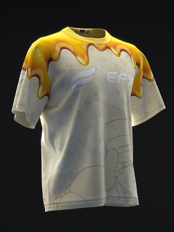 White bowling jersey with yellow melting effect shoulders and EFX logo front view