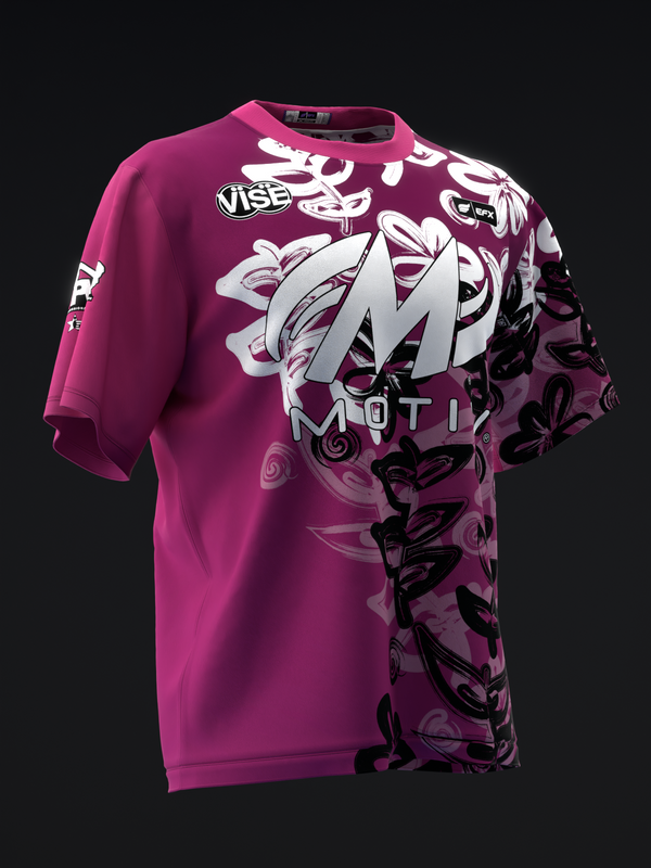 Magenta bowling jersey with large white M logo and black airbrushed floral pattern, front view