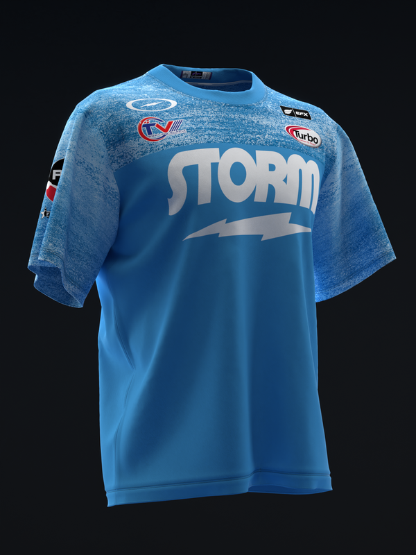 Blue bowling jersey with Storm logo and sponsor patches on front
