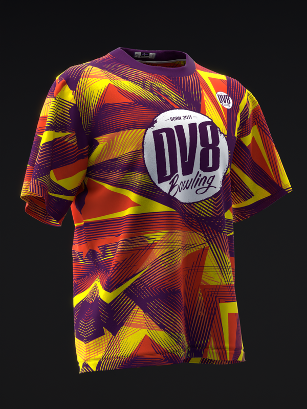 Purple, red, yellow bowling jersey with geometric line pattern and DV8 logo