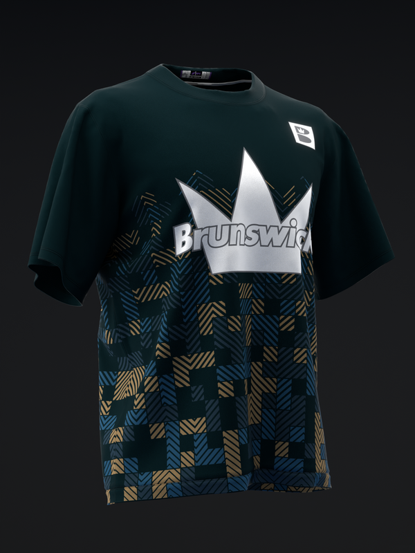 Dark teal bowling jersey with white Brunswick logo and geometric patterned lower section