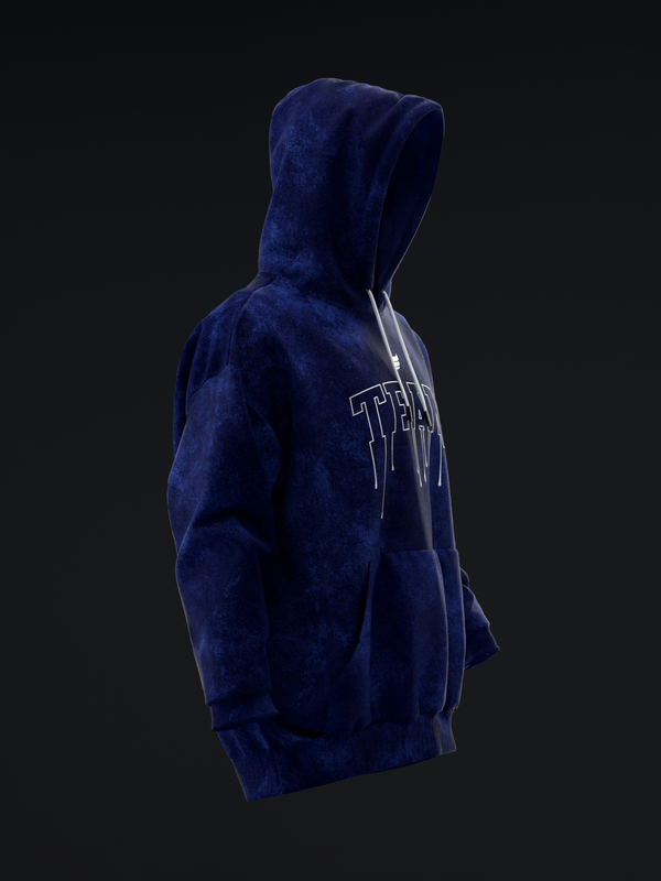 Navy blue pullover hoodie with drip graphic design on back view