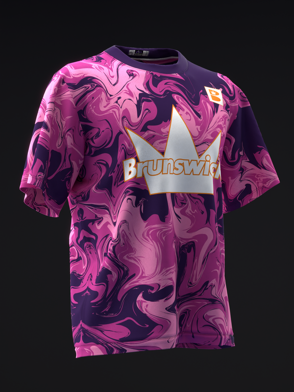 Pink and purple swirled bowling jersey with white Brunswick logo panel