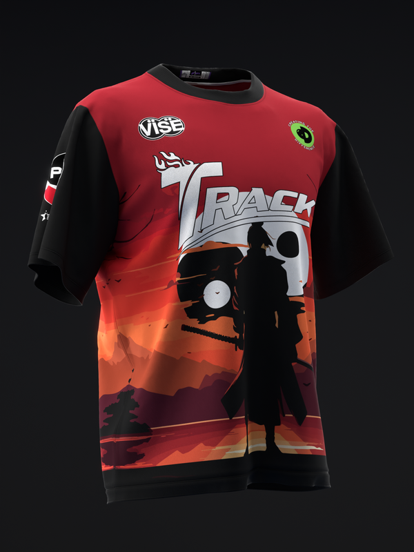 Red and black bowling jersey with samurai silhouette and sunset graphic design