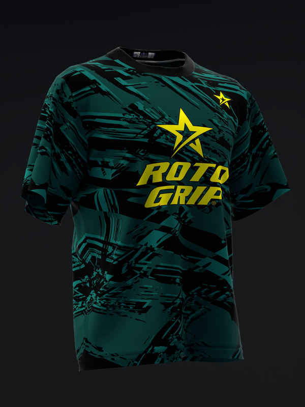 Teal bowling jersey with black abstract pattern and yellow star logo and text