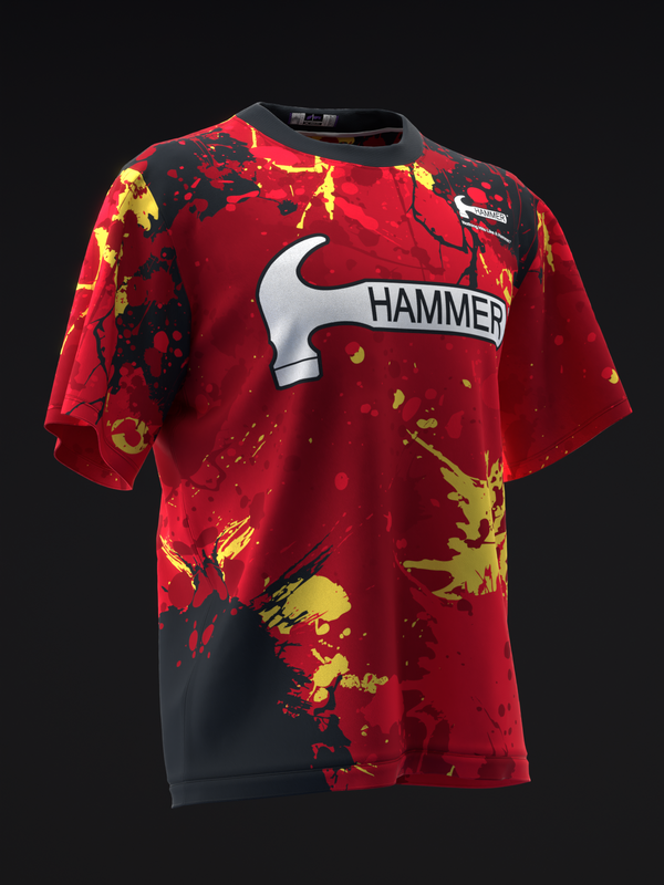 Red bowling jersey with hammer logo and yellow paint splatter design, front view