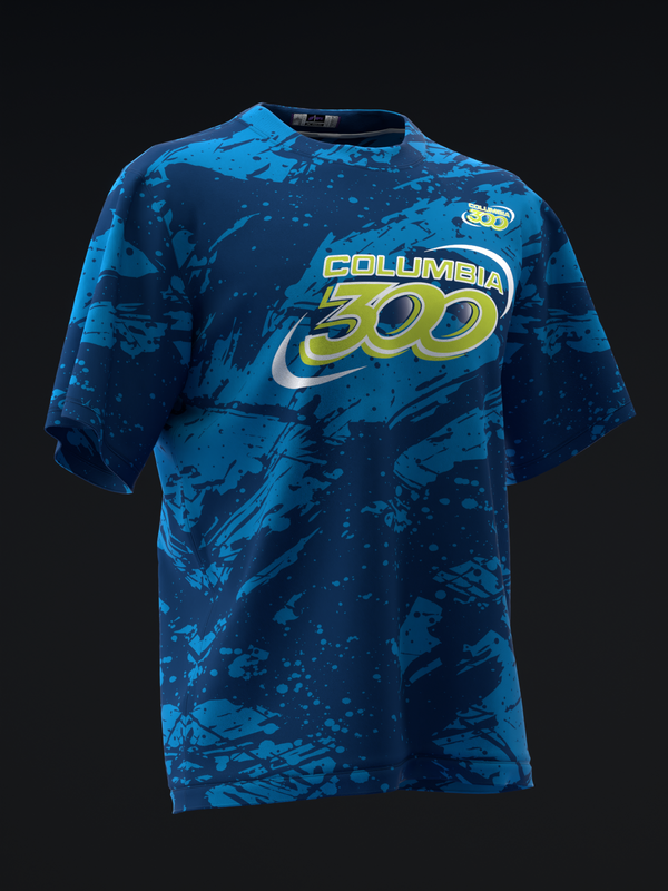 Blue tie-dye bowling jersey with Columbia 300 logo and graphic design