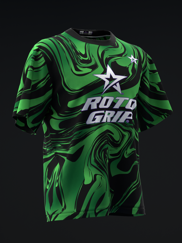 Bright green and black swirled bowling jersey with Roto Grip logo, front view