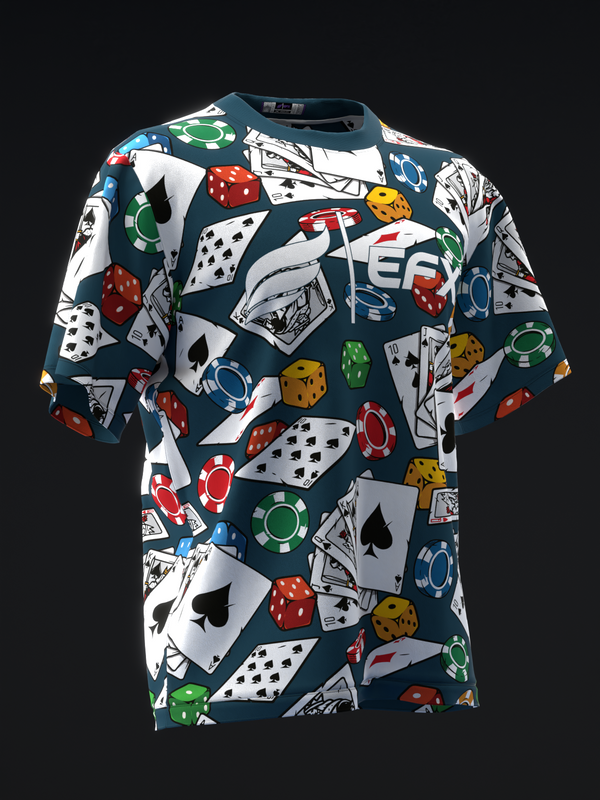 Navy bowling jersey with playing cards, dice, and poker chips allover print, front view