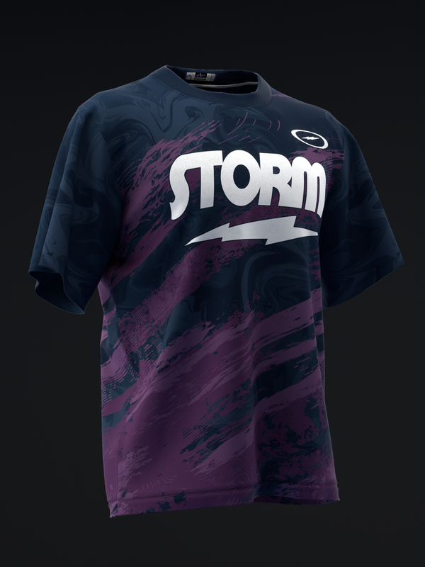 Navy and purple bowling jersey with Storm text and lightning bolt graphic