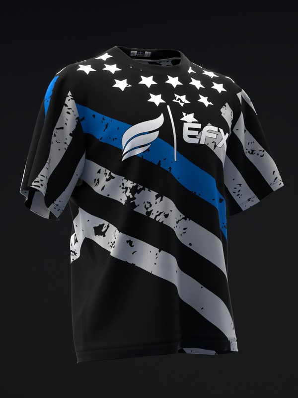 Black bowling jersey with diagonal blue and gray stripes, white stars, and winged logo design