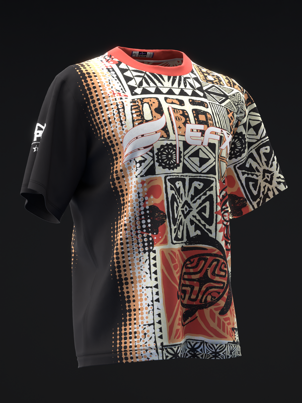 Black bowling jersey with coral neckline and abstract geometric pattern front view
