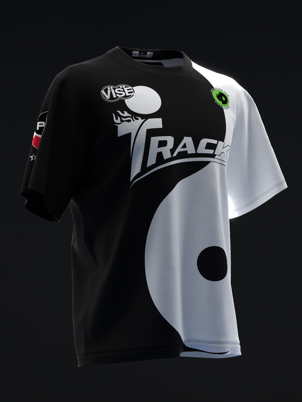 Black and white bowling jersey with yin yang graphic and racing design