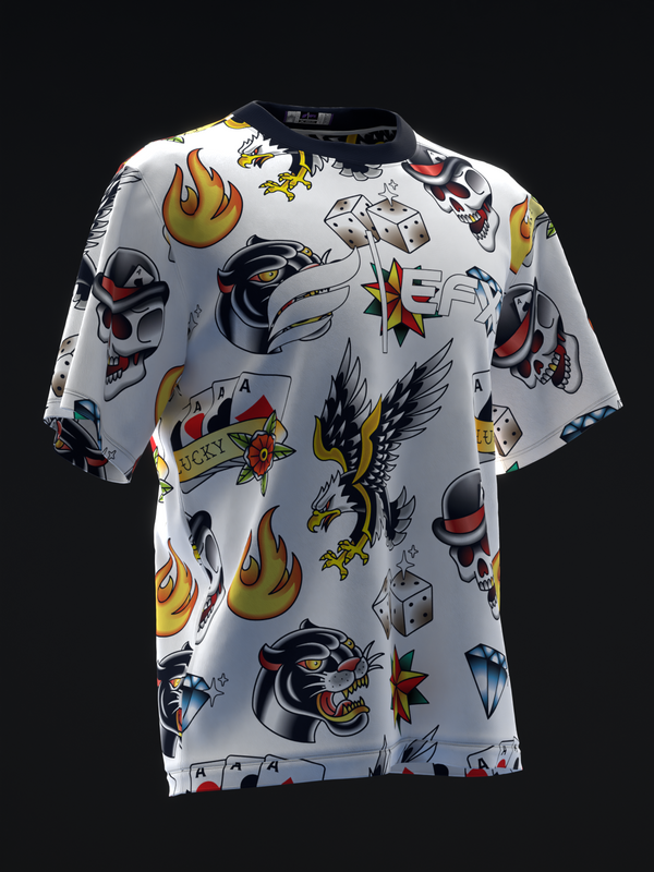 White bowling jersey with traditional tattoo-inspired graphic print front view