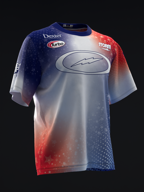 Front view of red, white, and blue bowling jersey with sponsor logos and oval graphic