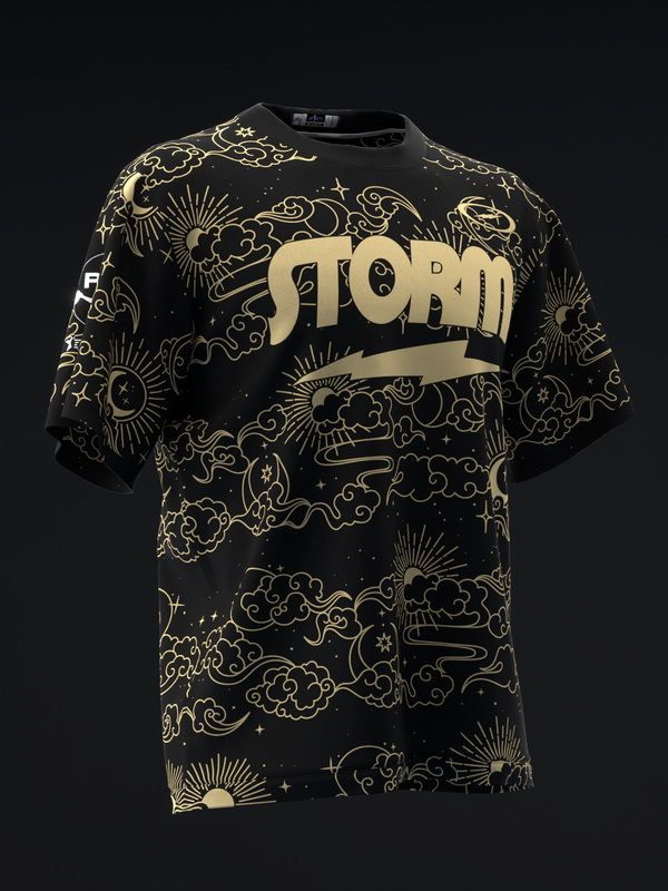 Black bowling jersey with gold celestial and cloud pattern, gold Storm logo