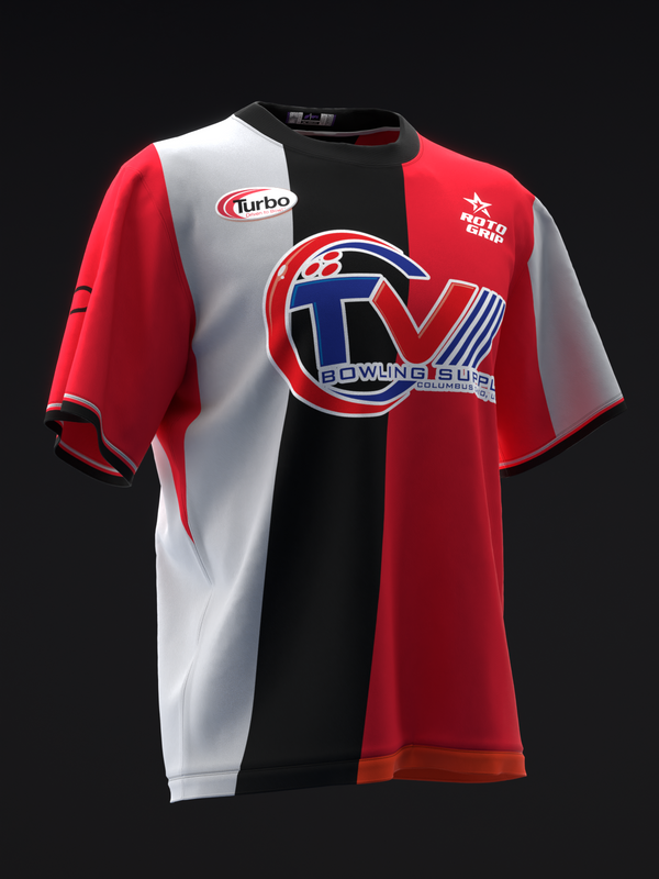 Red, white, and black bowling jersey with TV logo graphic on front