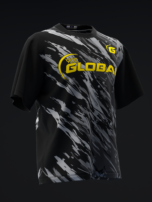 Black bowling jersey with gray and white brush stroke pattern and yellow 900 Global logo