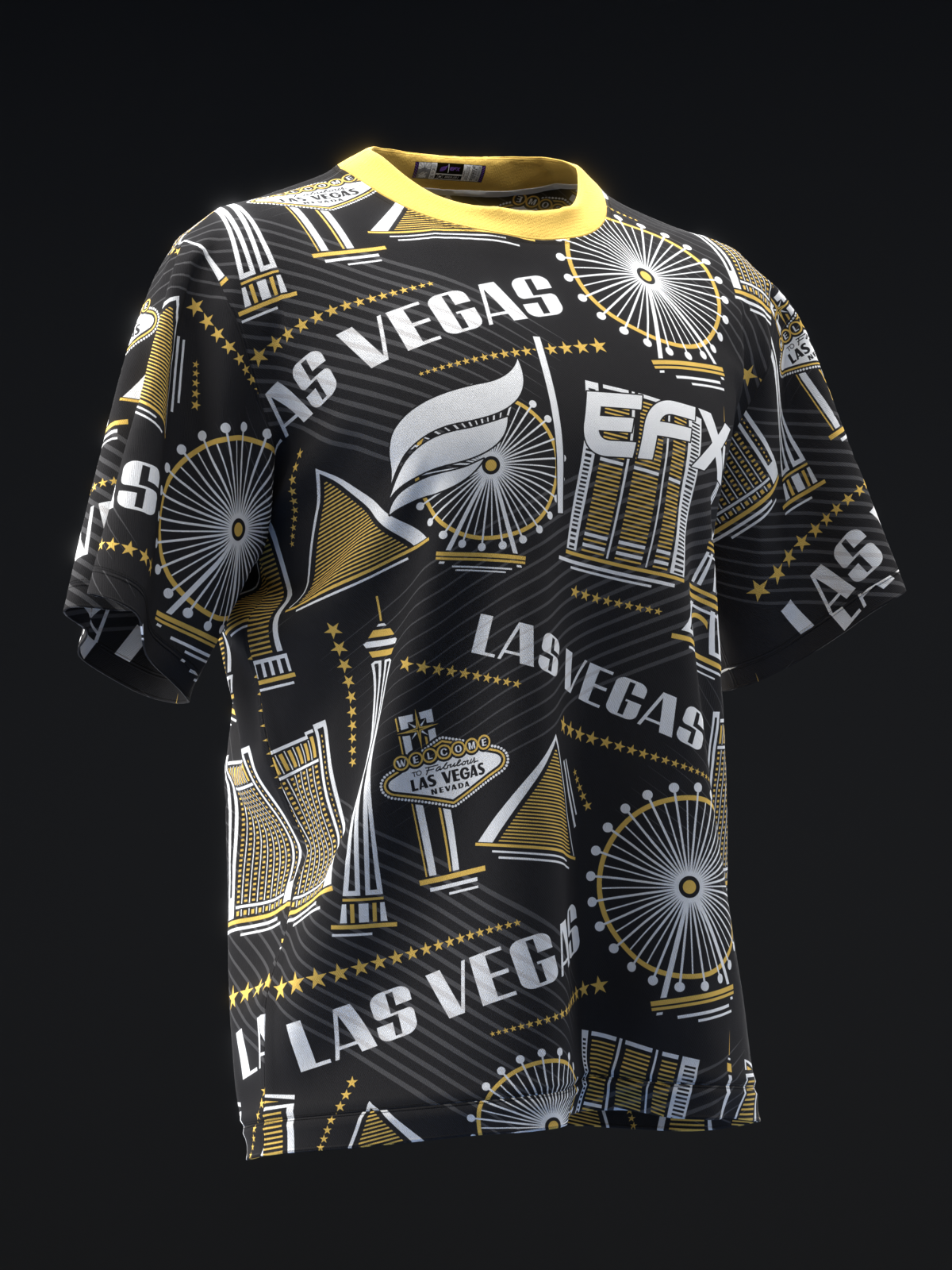 Black bowling jersey with gold and white Las Vegas-themed icons and text pattern