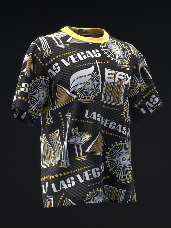 Black bowling jersey with gold and white Las Vegas-themed icons and text pattern