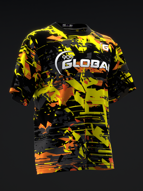 Black bowling jersey with yellow, orange, and neon geometric abstract pattern, front view