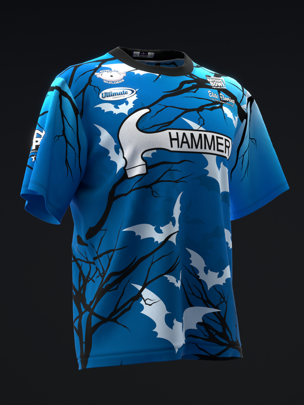 Blue bowling jersey with white bats and black branch pattern design, front view