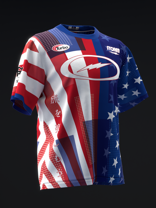 Bowling jersey with red, white, and blue patriotic design and stars