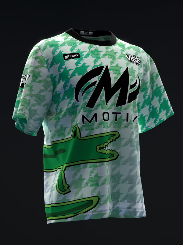 Front view bowling jersey with green houndstooth pattern and crocodile graphic design