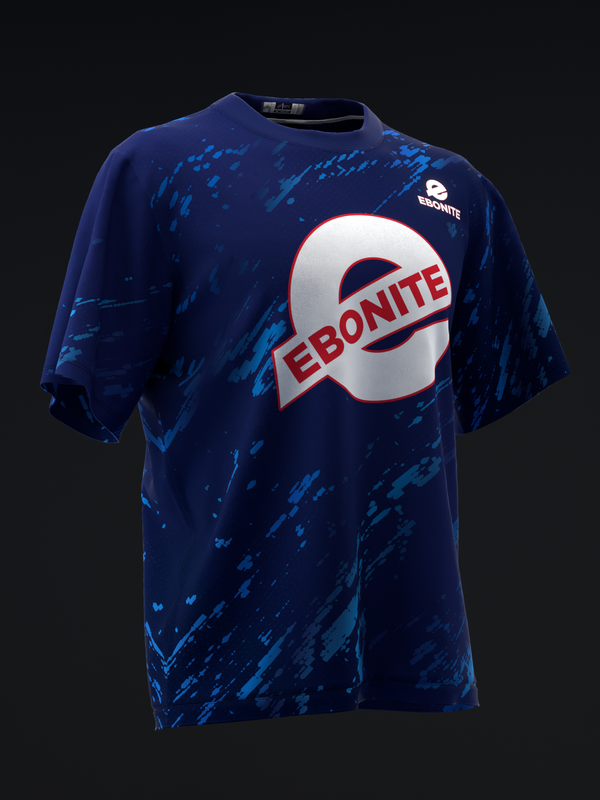 Navy bowling jersey with blue splatter pattern and large Ebonite logo, front view