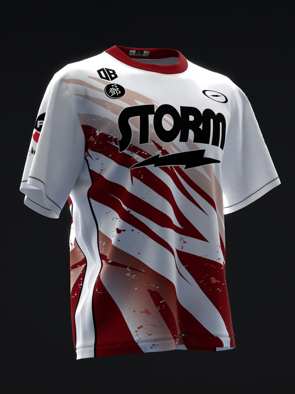 White bowling jersey with red diagonal stripes and Storm logo, front view