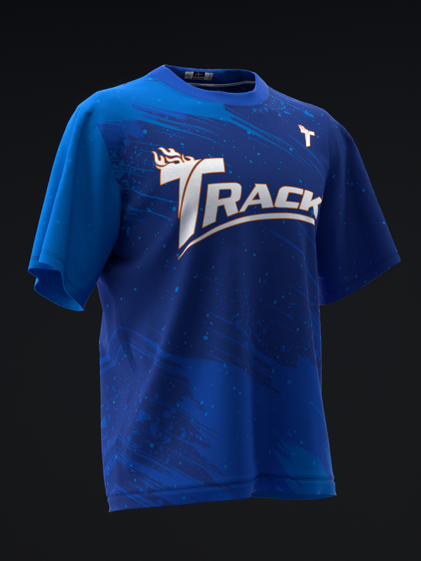 Blue bowling jersey with Track logo and abstract geometric pattern design