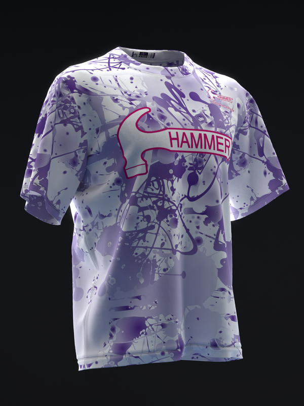 Purple and white splatter-patterned bowling jersey with Hammer logo graphic