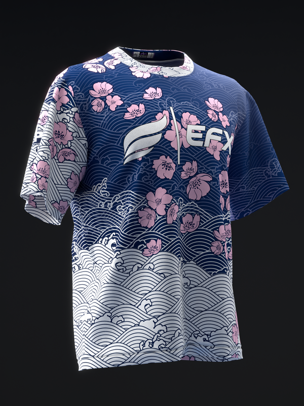 Navy bowling jersey with pink flowers, wave pattern, and white logo front view