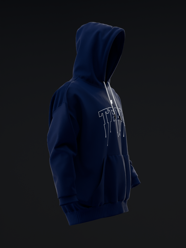 Navy blue pullover hoodie with white outline text graphic on back