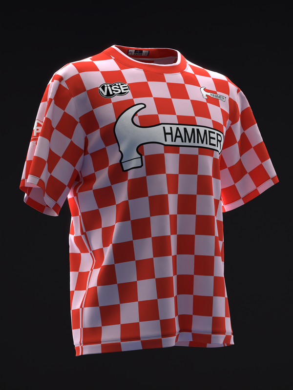 Red and white checkerboard bowling jersey with hammer graphic and Vise logo