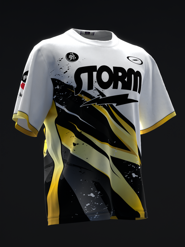 White and black bowling jersey with yellow lightning stripe design, front view