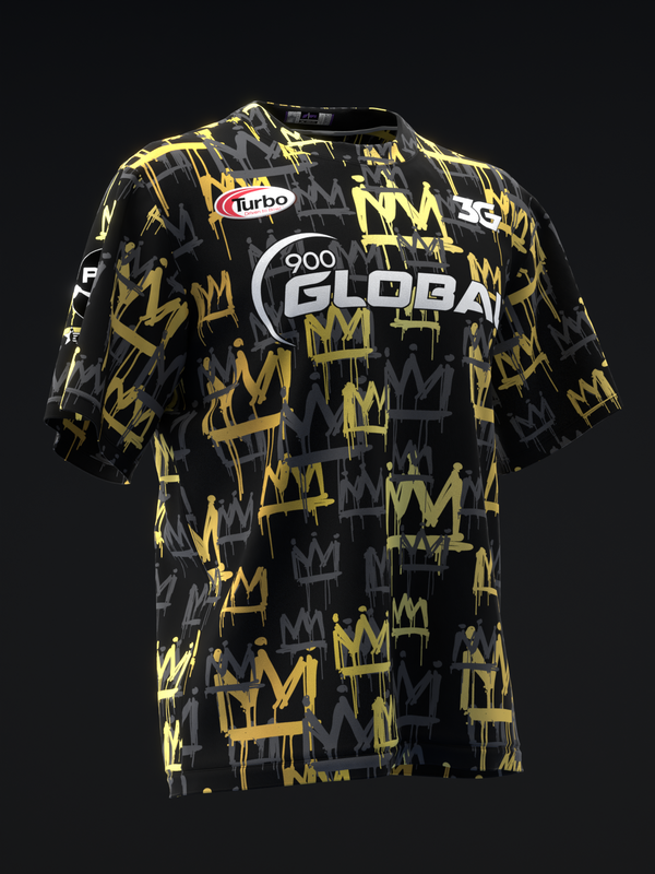 Black bowling jersey with gold and gray crown pattern and Global branding