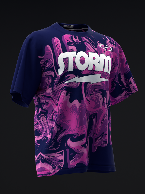 Navy and pink swirled bowling jersey with white Storm text graphic, front view