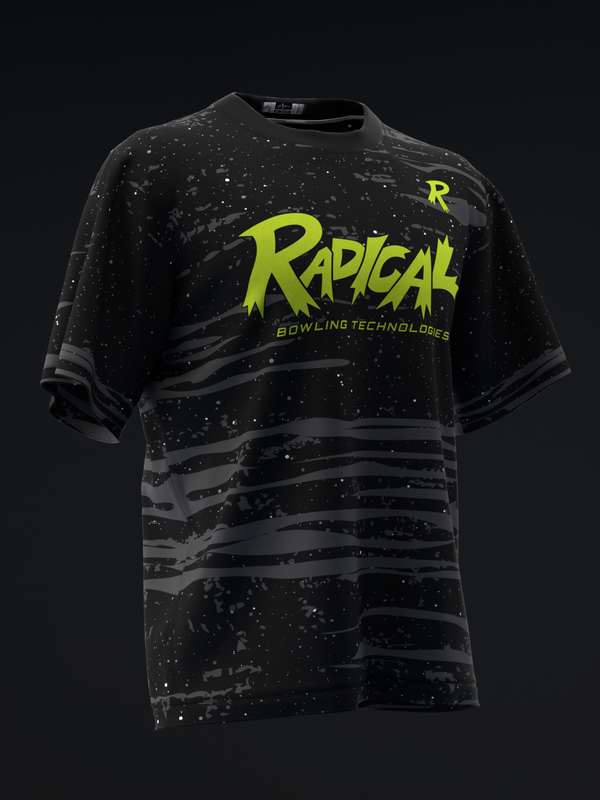 Black bowling jersey with neon yellow Radical logo and horizontal stripe pattern