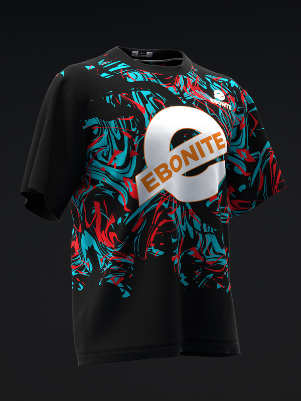 Black bowling jersey with cyan and red abstract graphic and Ebonite logo